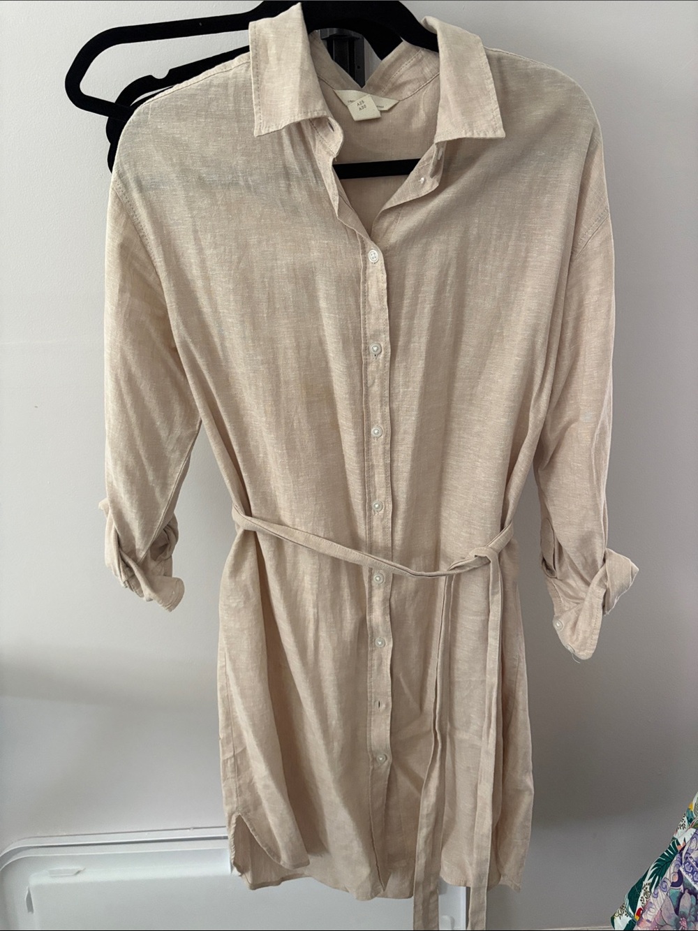 H&M Beige Button-Front Mini Shirt Dress with Tie Belt